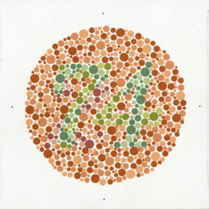 Ein Kreis bestehend aus roten und orangen Punkten. In der Mitte formen grüne Punkte die Zahl 74. 