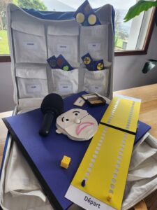 Sur une table, une mallette contenant différents moyens auxiliaires : masques en relief, microphone, jeux, etc.